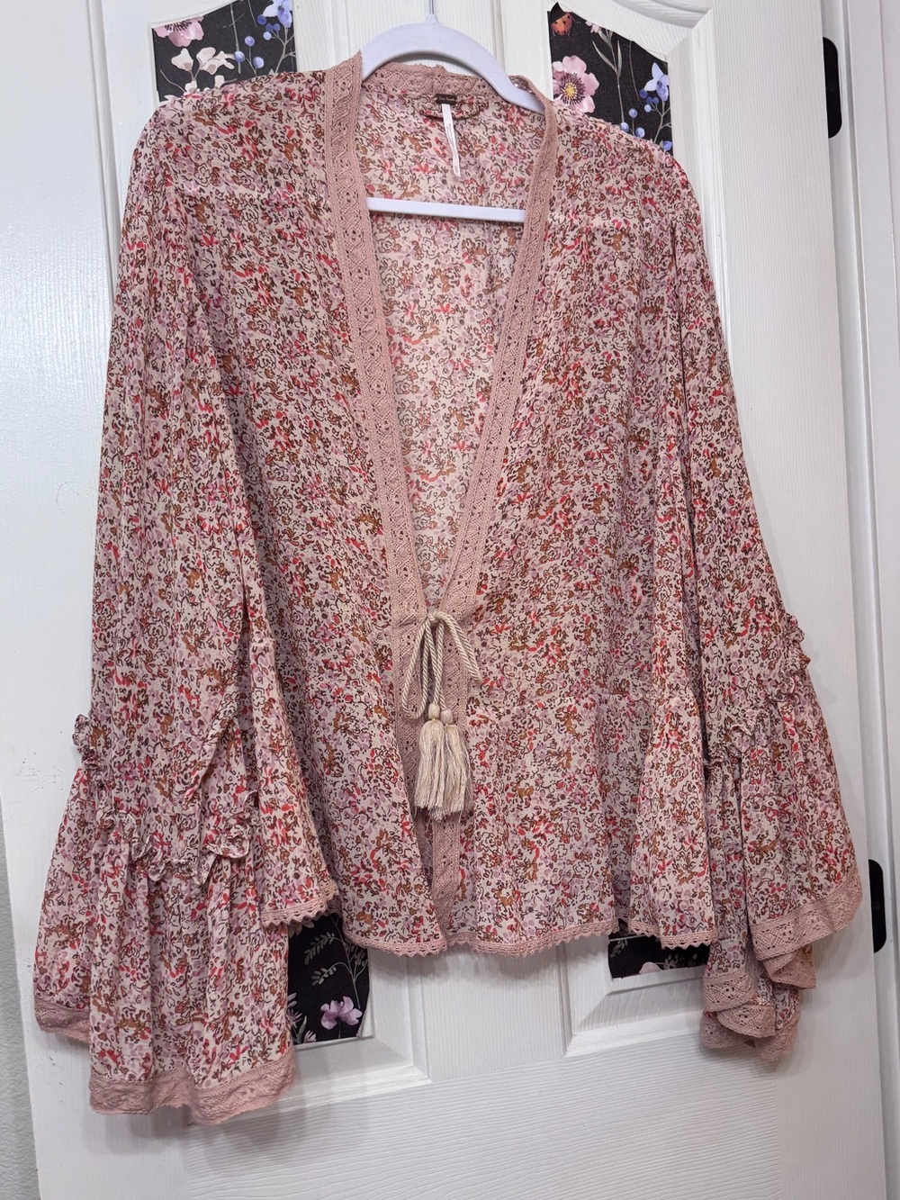 Free People Blush Floral Tie-Front Peasant Tunic bell sleeve